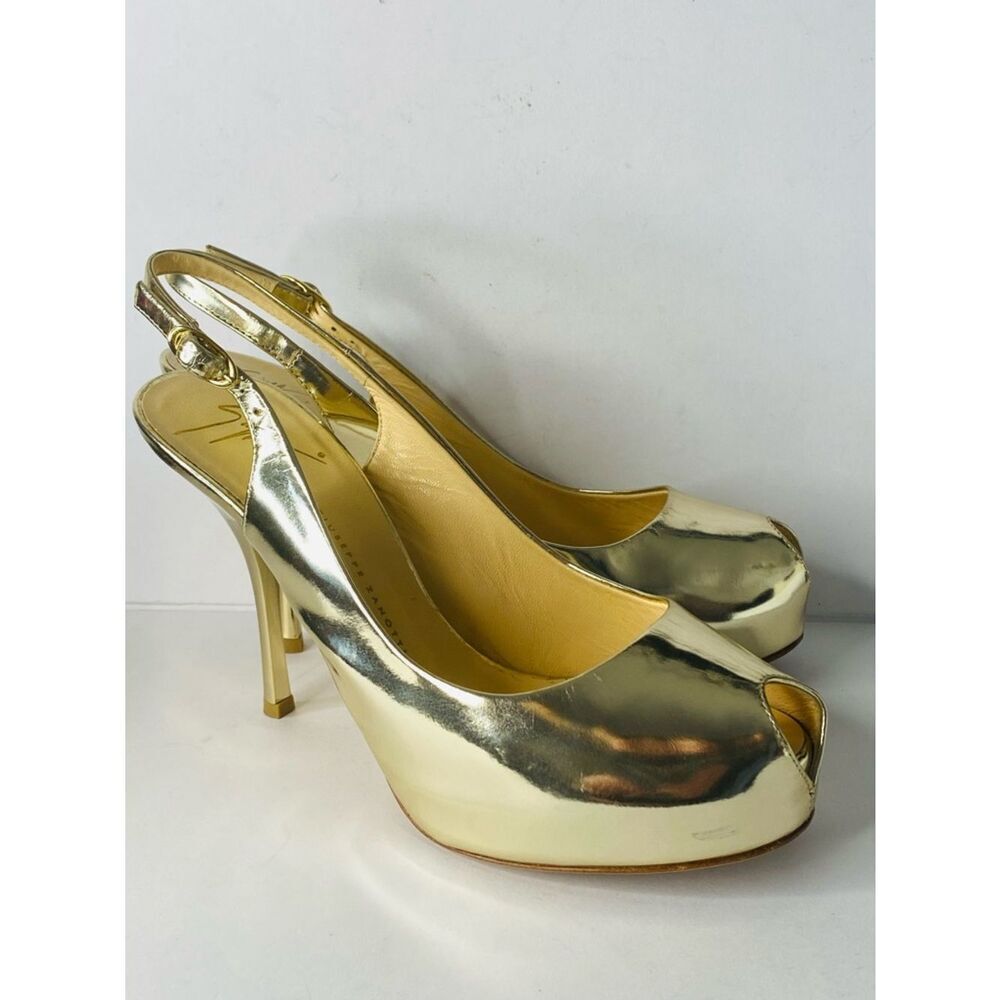 Giuseppe Zanotti Metallic Gold Peep-Toe Slingback Heels with Dust Cover